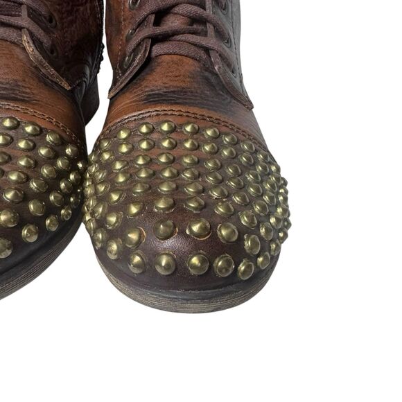Steve Madden Combat Boots Women 9.5 Brown Leather Studs Spike Tarnney Biker Boot - Picture 3 of 16
